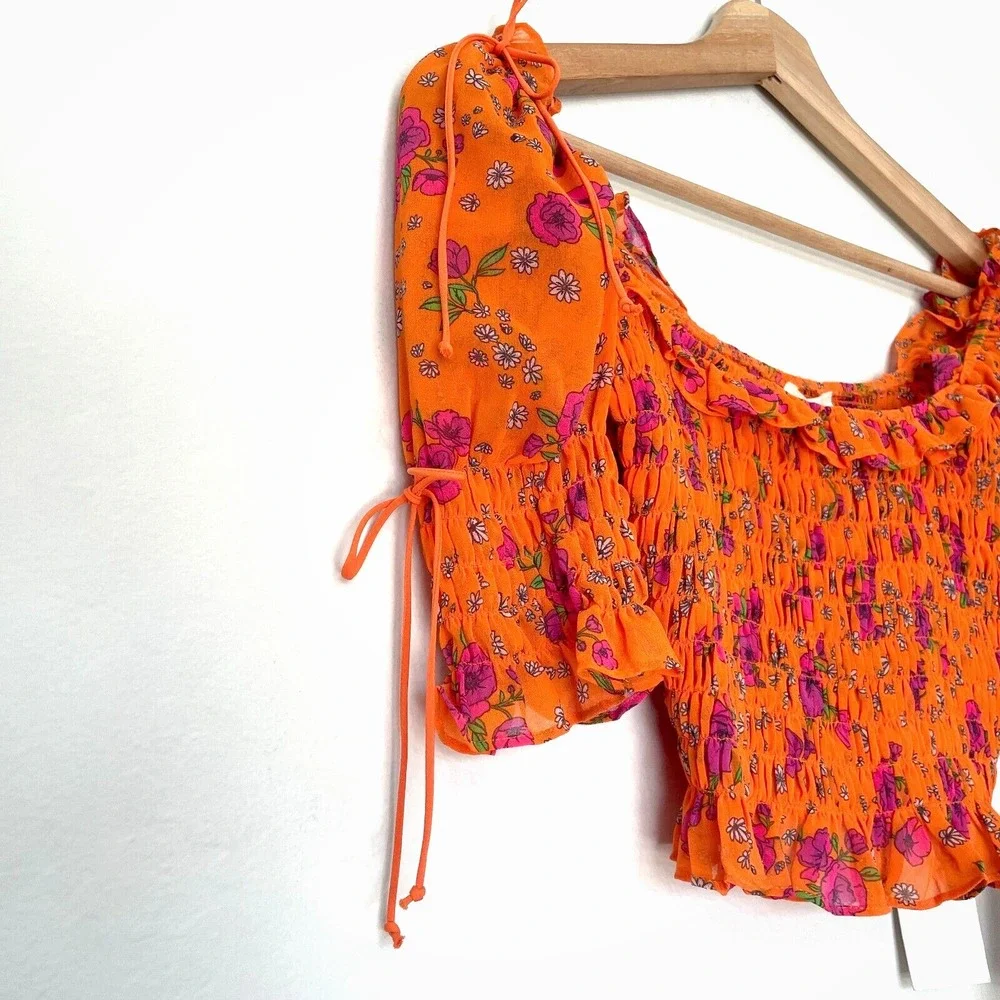 NWT For Love & Lemons Peony Smocked Crop Top in Tangerine Size XS - Picture 4 of 10